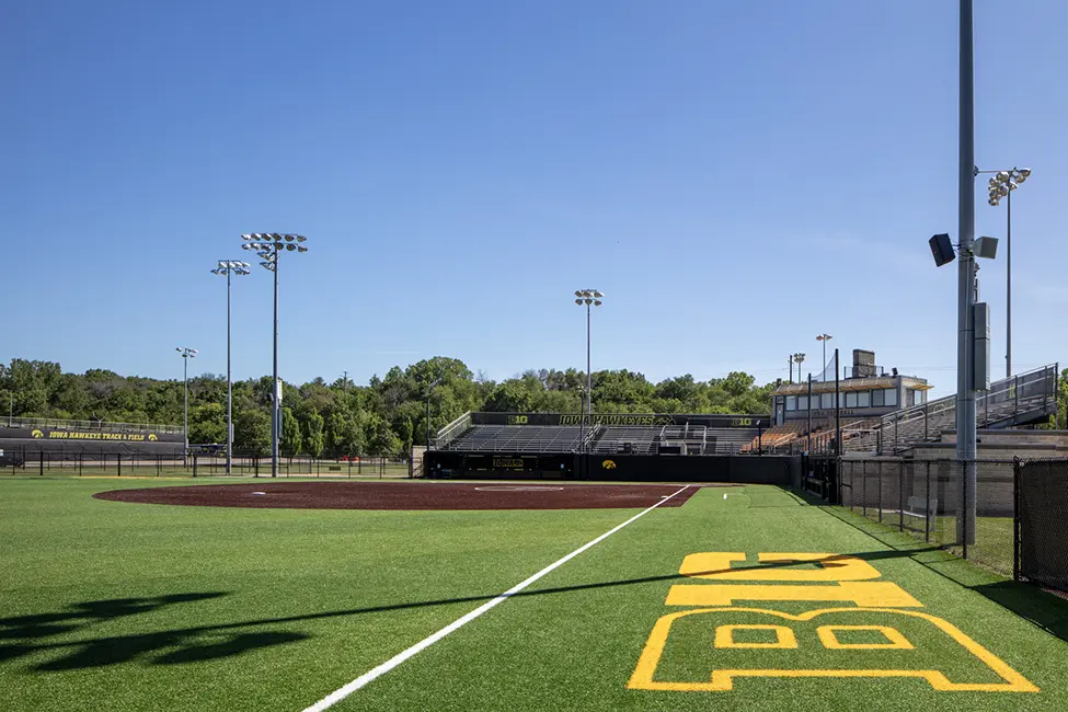 Looking down the baseline from third to home at the University of Iowa softball field