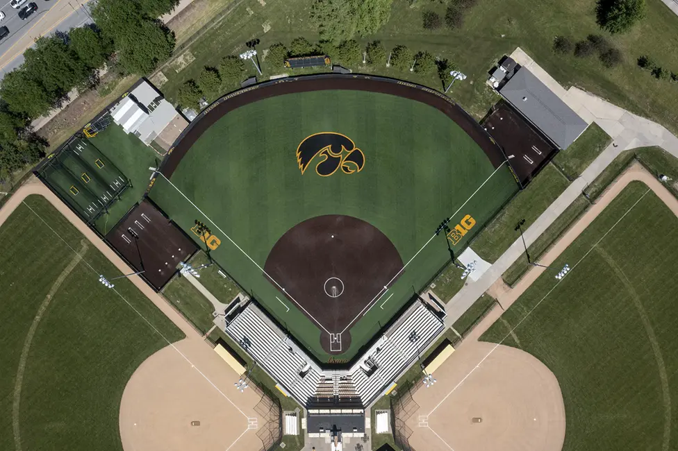 Aerial view of the University of Iowa Softball field after turf renovation