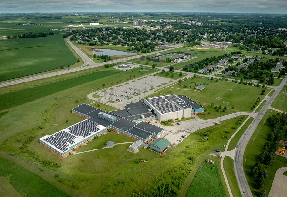 Roof top solar field at Vinton-Shellsburg Community School District