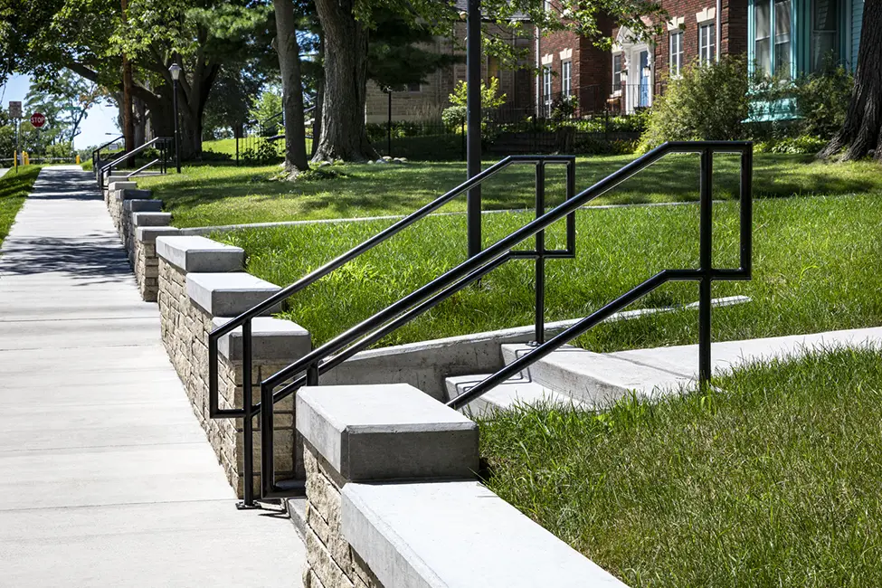 Stairs and sidewalk on Brick road at Fairchild Street