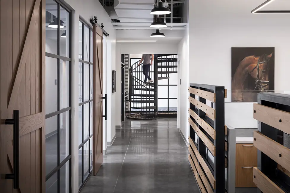 Barn doors, reclaimed wood, spiral staircase