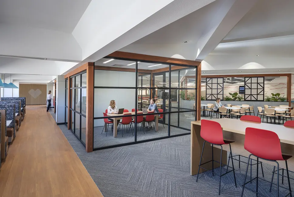 glass conference room, dining center, cafeteria